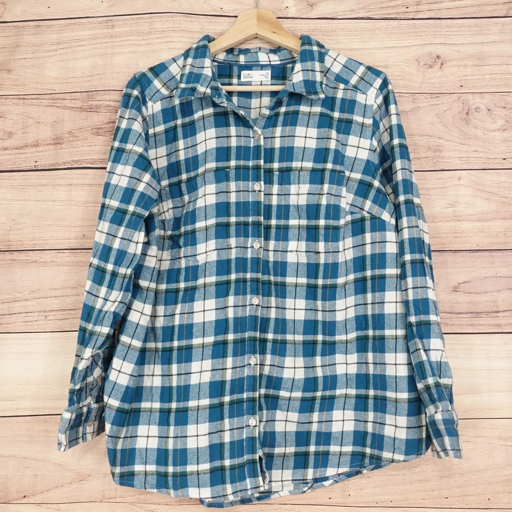 Croft & Barrow Flannel Shirt Womens 1X Blue Plaid Cotton Button Down